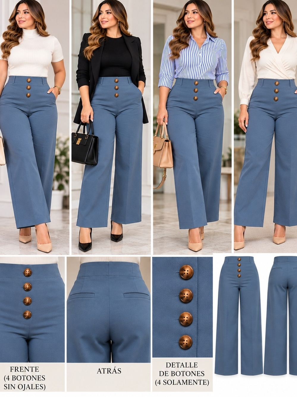 LOFT Blue High-Waist Wide-Leg Pants with Four Button Front
